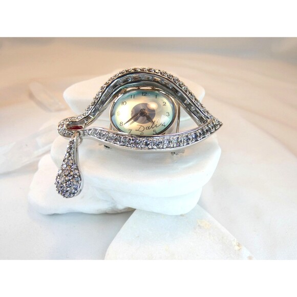 Salvador Dali Eye of Time Watch Pin Brooch Faux Diamond/Ruby RARE! New Battery - Picture 3 of 5